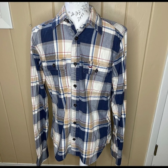 Hollister Blue Cream Plaid Flannel Button Down Long Sleeve Shirt Size Medium - Picture 1 of 3